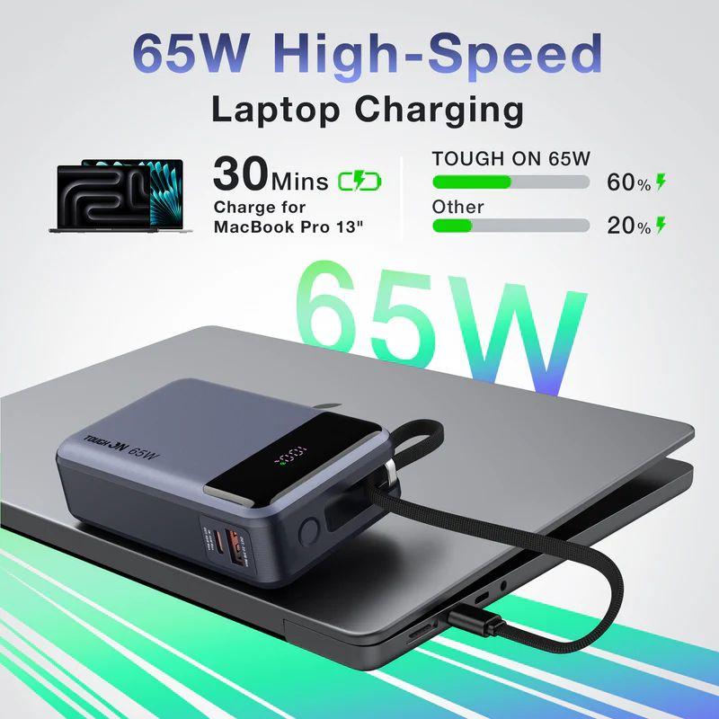 Refurbished Tough On 65W 20000mAh Power Bank mit integriertem USB-C-Kabel - Reebelo Österreich
