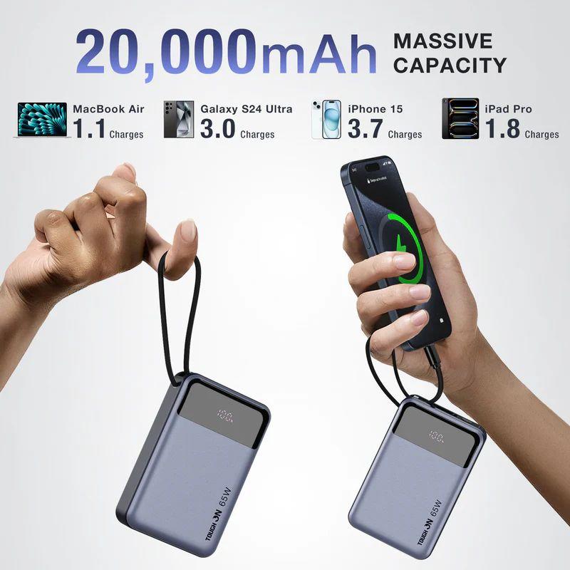 Refurbished Tough On 65W 20000mAh Power Bank mit integriertem USB-C-Kabel - Reebelo Österreich